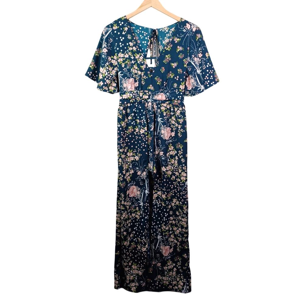 Band of Gypsies Womens Floral Romper Maxi Dress XS Teal Boho Fairy Tie Open Back